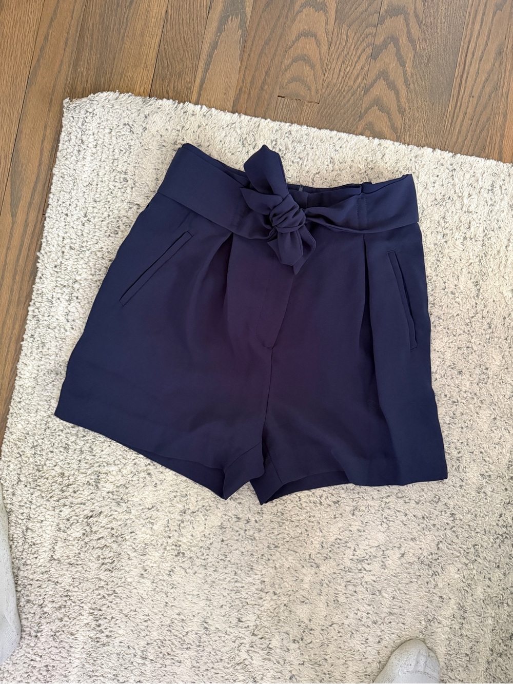 H&M Navy High-Waist Tie-Front Paperbag Shorts